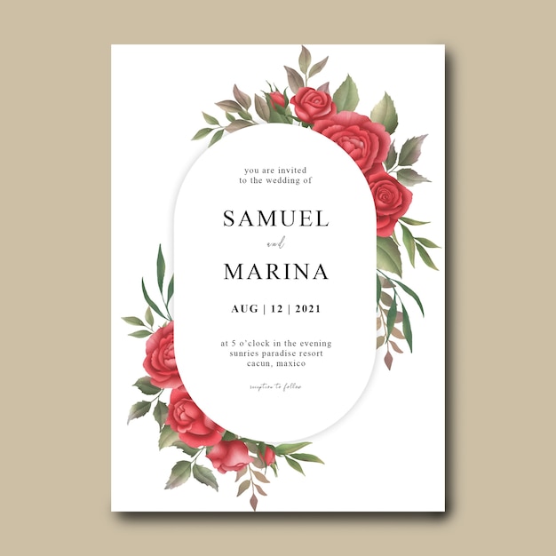 Watercolor red rose flower wedding invitation template