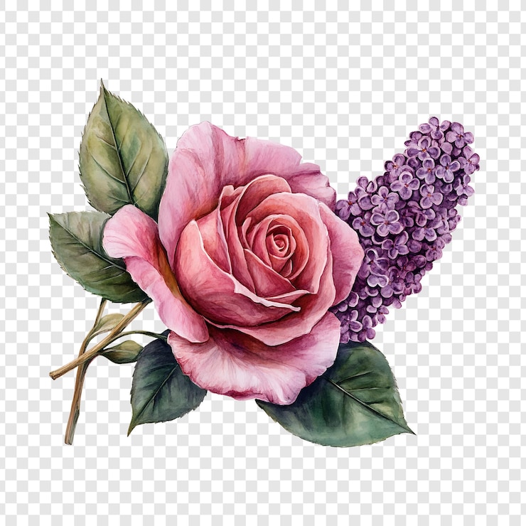 PSD watercolor rose and lilac bouquet