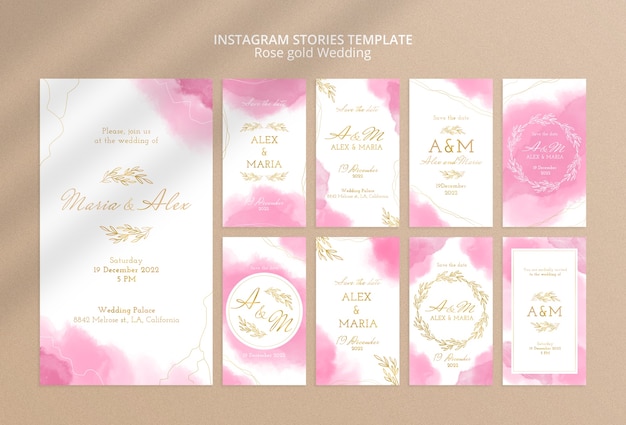 Collezione di storie di instagram di nozze in oro rosa acquerello