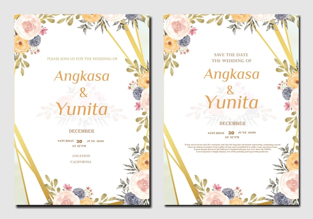 watercolor roses wedding invitation card set psd