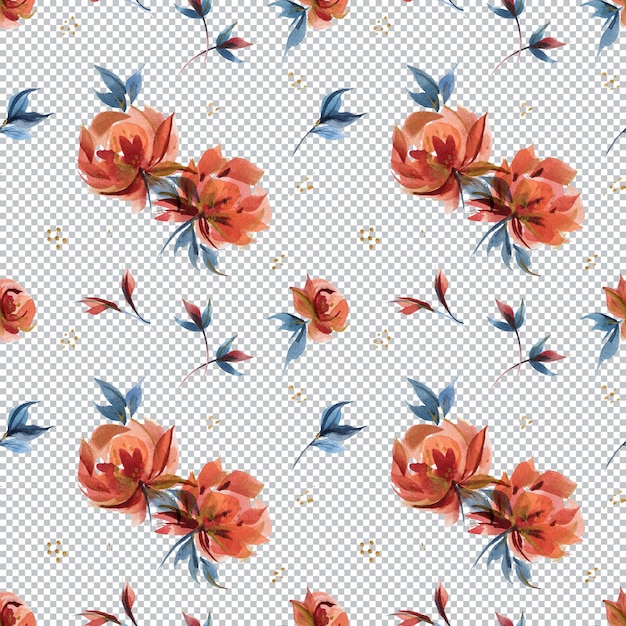 PSD watercolor seamles pattern of traditional folk rose flowers and branches. blue and orange and white colors. countryside chintz trend