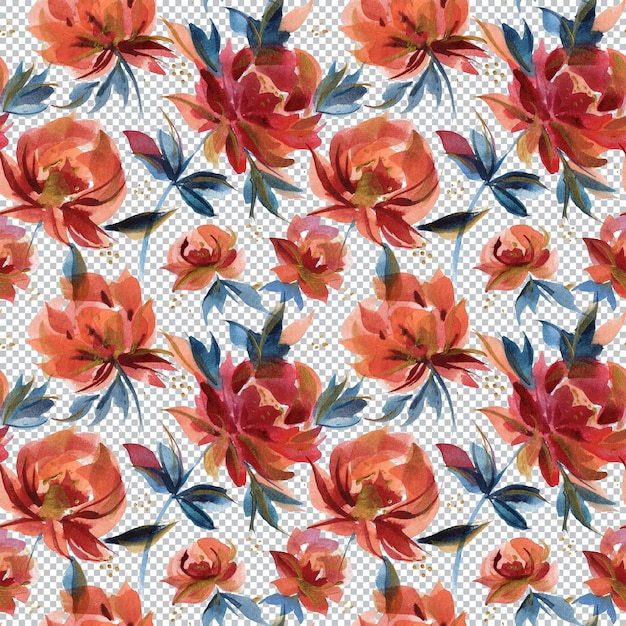 PSD watercolor seamles pattern of traditional folk rose flowers and branches. blue and orange and white colors. countryside and millefleur trend