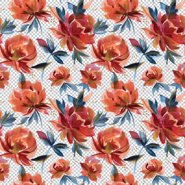 Watercolor seamles pattern of traditional folk rose flowers and branches. Blue and orange and white colors. Countryside and millefleur trend