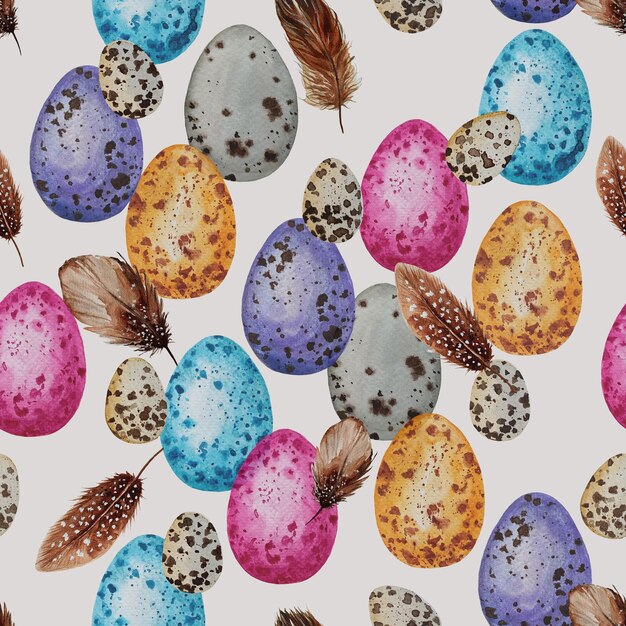 Watercolor set of colorful easter eggs and feathers seamless pattern