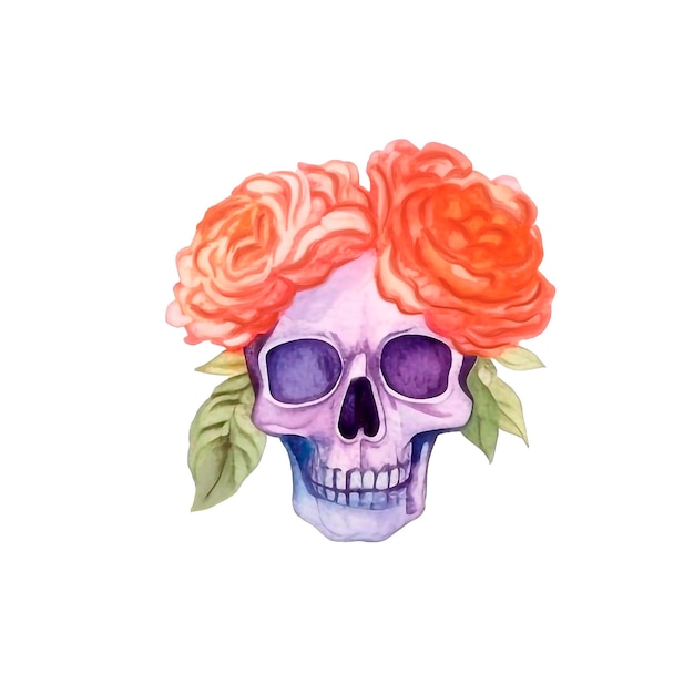 PSD watercolor skull with spring colorfull flowers and leaves clipart isolated ai generation