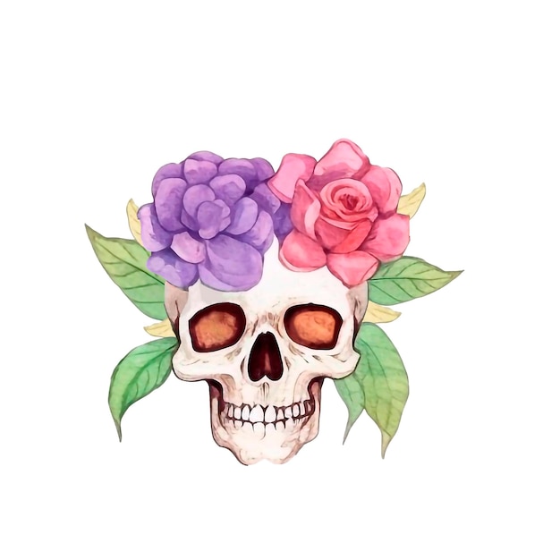 Watercolor skull with spring colorfull flowers and leaves Clipart isolated AI generation