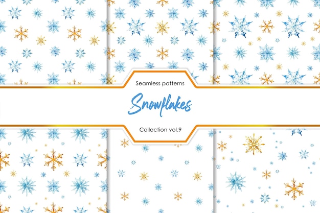 PSD watercolor snowflake pattern collection hand drawn blue and gold snowflake seamless print