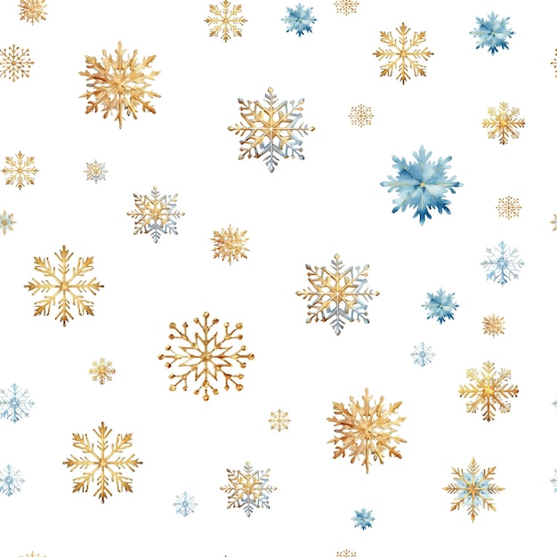 watercolor snowflakes seamless pattern blue and gold snowflakes isolated on a transparent background