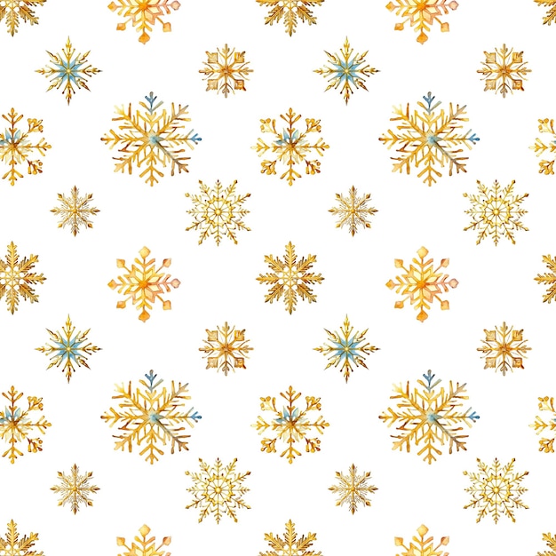watercolor snowflakes seamless pattern blue and gold snowflakes isolated on a transparent background