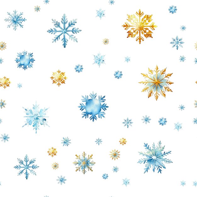 PSD watercolor snowflakes seamless pattern blue and gold snowflakes isolated on a transparent background