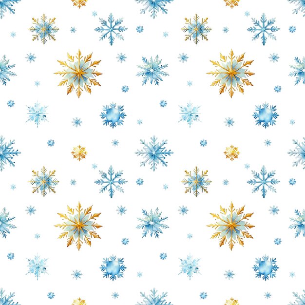 Fiocchi di neve ad acquerello a pattern senza cuciture fiocchi di neve blu e oro isolati su uno sfondo trasparente