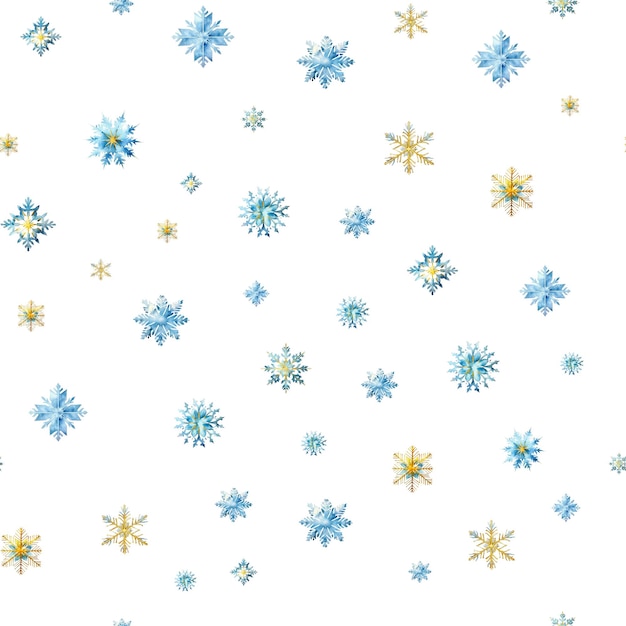 PSD watercolor snowflakes seamless pattern blue and gold snowflakes isolated on a transparent background