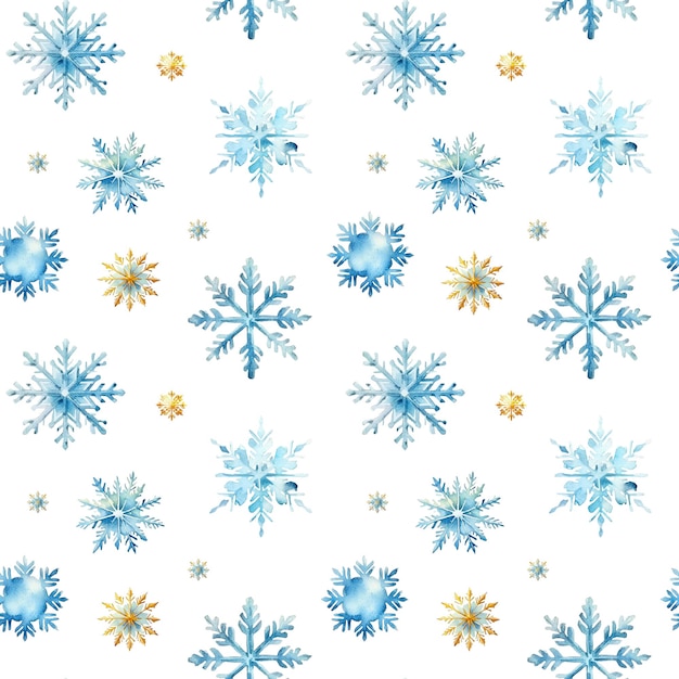 PSD watercolor snowflakes seamless pattern blue and gold snowflakes isolated on a transparent background