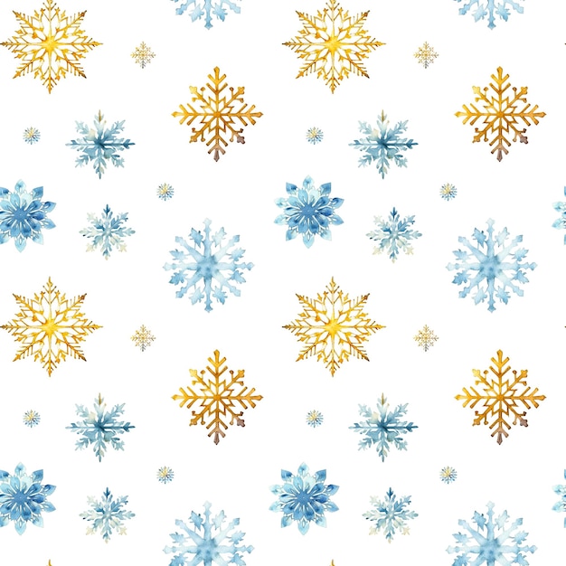 Watercolor snowflakes seamless pattern blue and gold snowflakes isolated on a transparent background