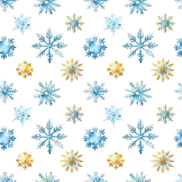 Watercolor snowflakes seamless pattern blue and gold snowflakes isolated on a transparent background