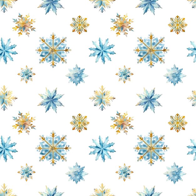 Fiocchi di neve ad acquerello a pattern senza cuciture fiocchi di neve blu e oro isolati su uno sfondo trasparente