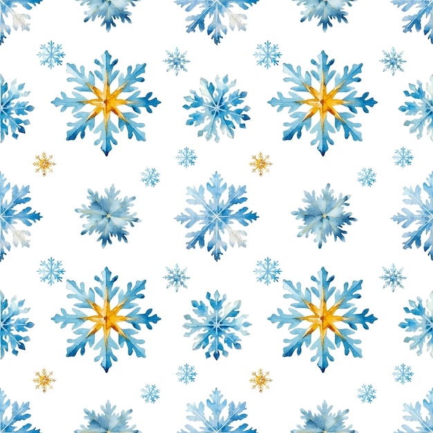 PSD watercolor snowflakes seamless pattern blue and gold snowflakes isolated on a transparent background