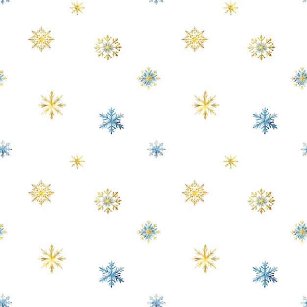 watercolor snowflakes seamless pattern blue and gold snowflakes isolated on a transparent background