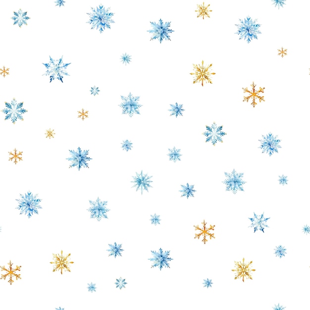 watercolor snowflakes seamless pattern blue and gold snowflakes isolated on a transparent background