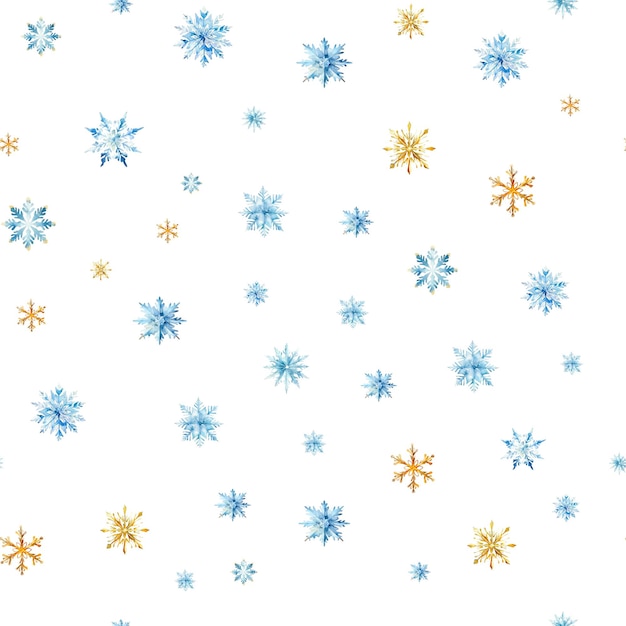 PSD watercolor snowflakes seamless pattern blue and gold snowflakes isolated on a transparent background