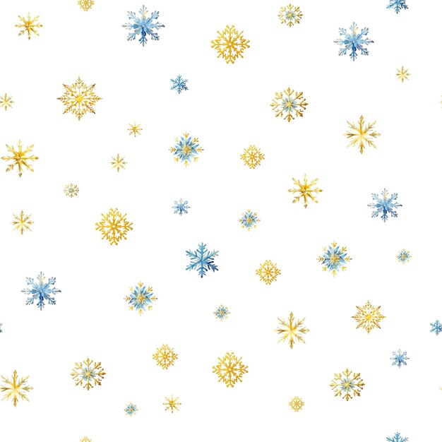 Fiocchi di neve ad acquerello a pattern senza cuciture fiocchi di neve blu e oro isolati su uno sfondo trasparente