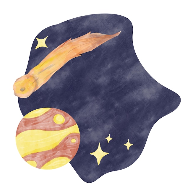 watercolor space template with illustrations dark blue background stars comet or asteroid