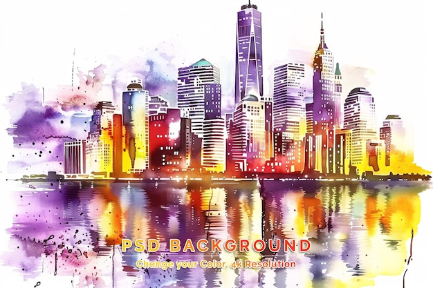 PSD watercolor splash with hand drawn sketch of new york city skyline