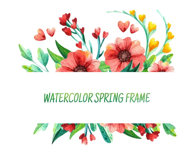 watercolor spring floral frame with red flowers and green leaves