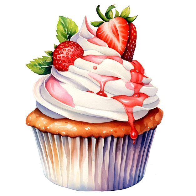 PSD watercolor strawberry cupcake