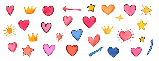 Watercolor style hand painted hearts arrows crowns stars funny cartoon hearts stars elements