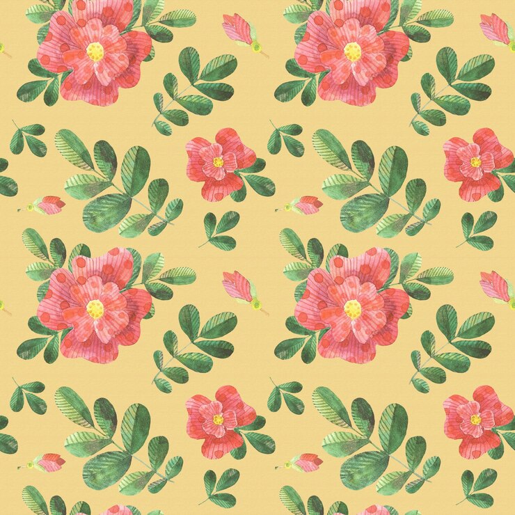 PSD watercolor stylized red dog roses seamless pattern on yellow background