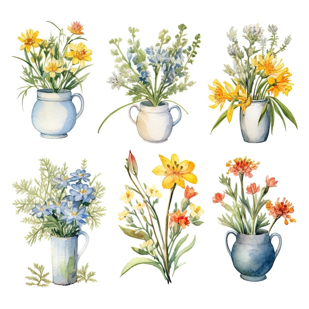 PSD Акварель летние цветы яркие цветочные элементы для современных иллюстраций и графики