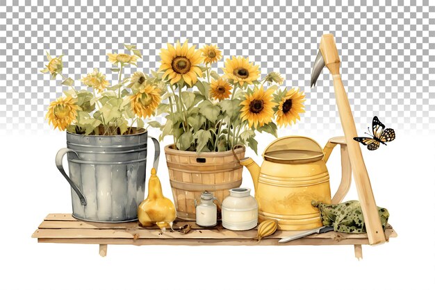 Watercolor sunflower basket watering can bumble bee wooden wheel pitcher farmhouse