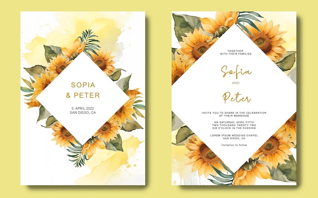 PSD set di carte di invito girasole acquerello