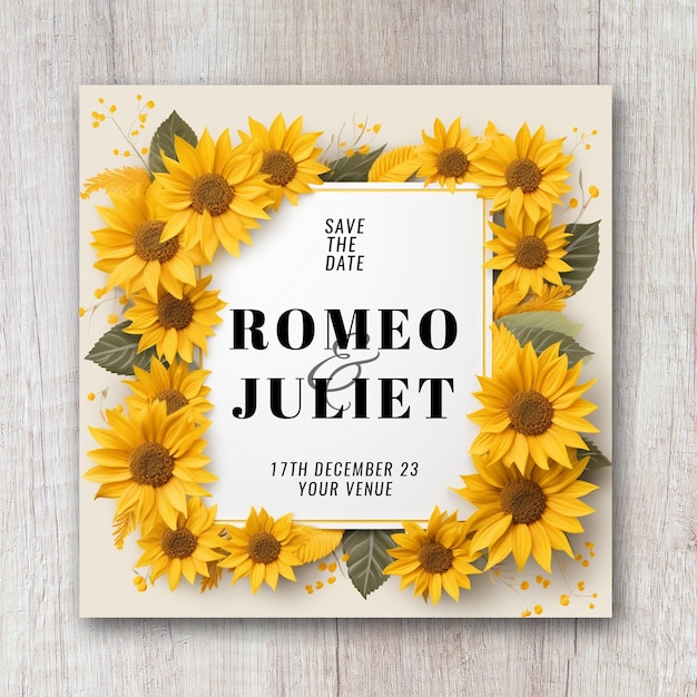 PSD banner per biglietti d'invito per matrimoni dal design creativo con girasoli ad acquerello