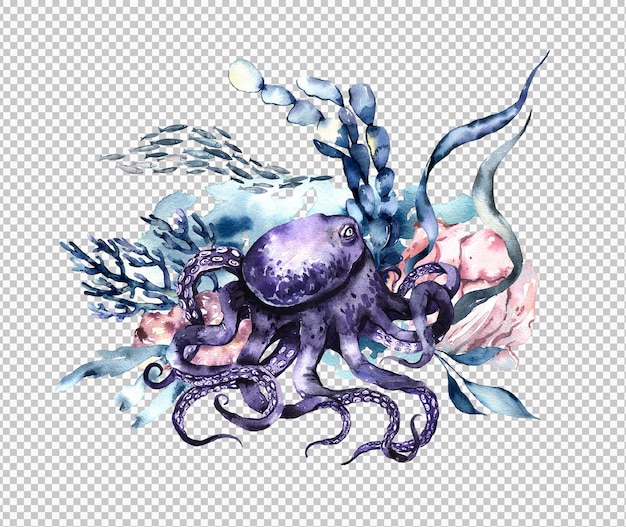 PSD watercolor underwater composition with octopus