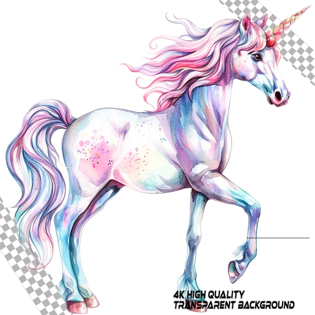 PSD watercolor unicorn clipart white background on transparent background