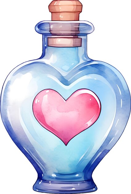 PSD 로맨틱한 휴일 디자인을 위한 하트 라벨 컷아웃이 있는 수채색 발렌타인 블루 유리 러브 병