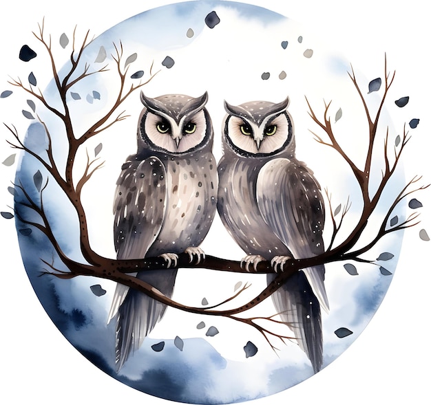 PSD watercolor valentine couple owl in the tree against the full moon clipart element animal painting