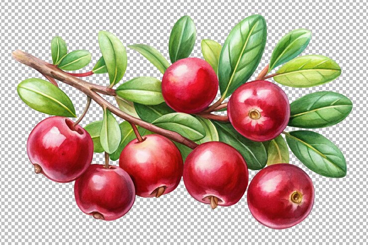 PSD watercolor vector of cranberry on branch with vivid berry details