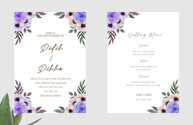緑の葉と花psdで水彩ベクトルセット結婚式の招待カードテンプレートデザイン