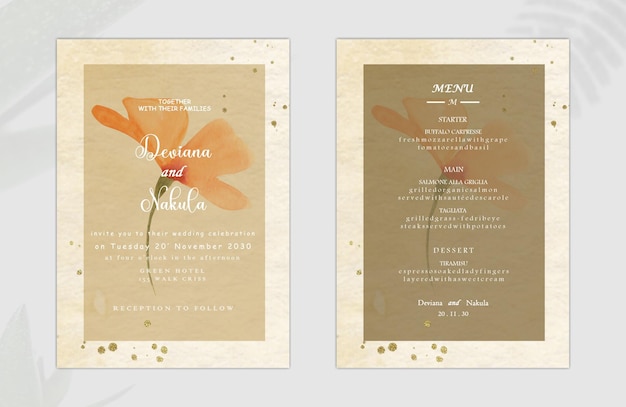 PSD watercolor vector set wedding invitation card template design with green leaves and flowers psd