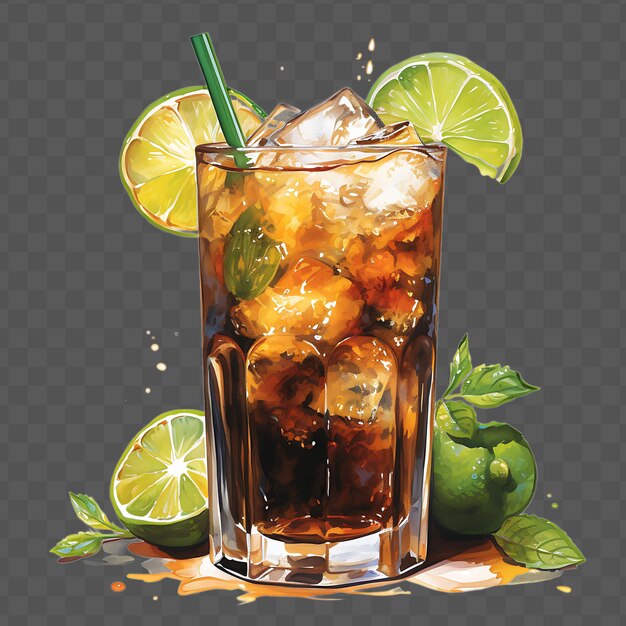 PSD watercolor of a vibrant cuba libre drink featuring the deep isolated psd transparent collage art