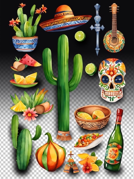 PSD watercolor viva mexico elements transparent background