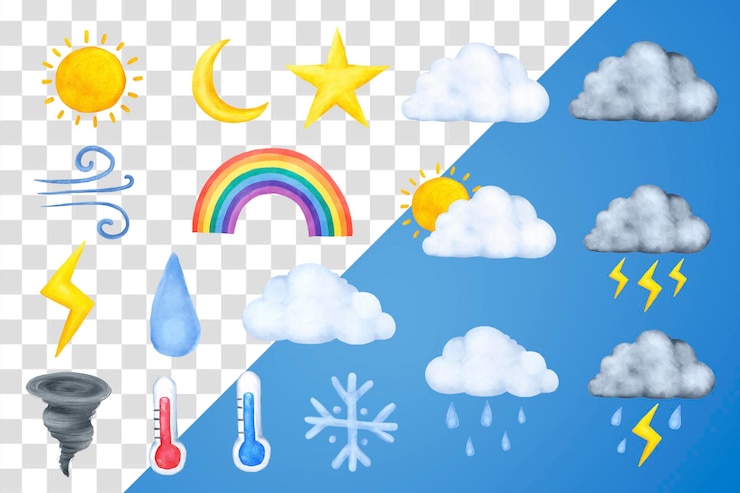PSD watercolor weather png cute sticker set transparent background