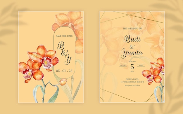 Watercolor wedding invitation card template with beautiful orchid flowers