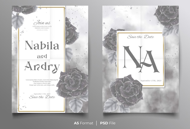 PSD watercolor wedding invitation card template with black flower ornament