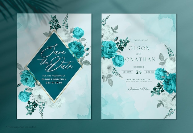 青いトスカと白い花を持つ水彩の結婚式の招待状