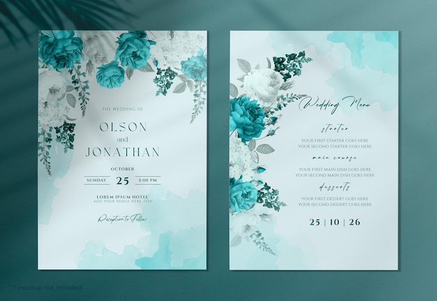 PSD watercolor wedding invitation card with a blue tosca and white flowers