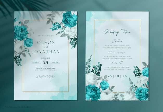 PSD watercolor wedding invitation card with a blue tosca and white flowers